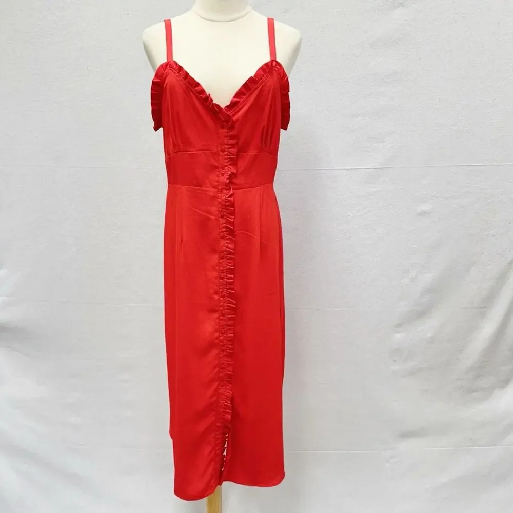 Topshop red ruffle accent button up sweetheart midi sunndress US size 8‎